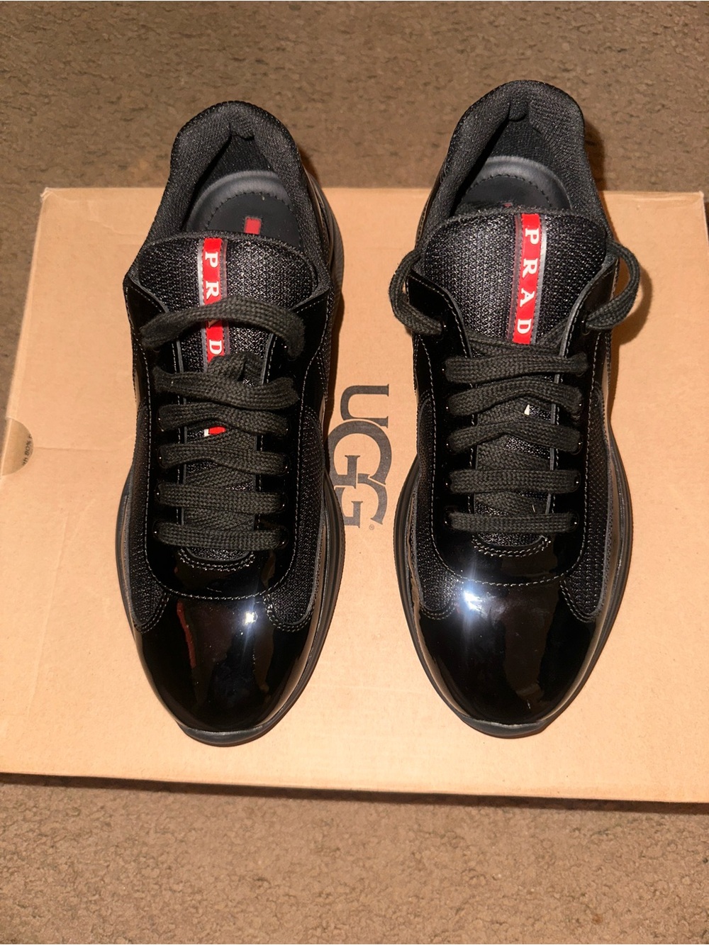 Prada Black Low-Top Sneakers with Red Logo Trim - Picture 2 of 5